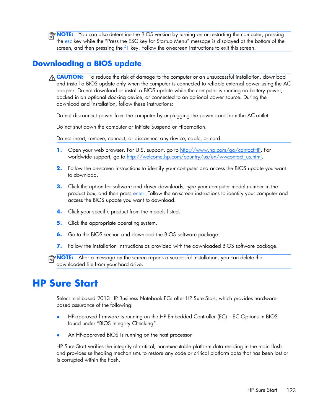 HP 840 G1 manual HP Sure Start, Downloading a Bios update 