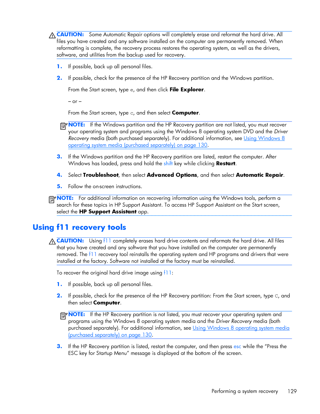 HP 840 G1 manual Using f11 recovery tools 