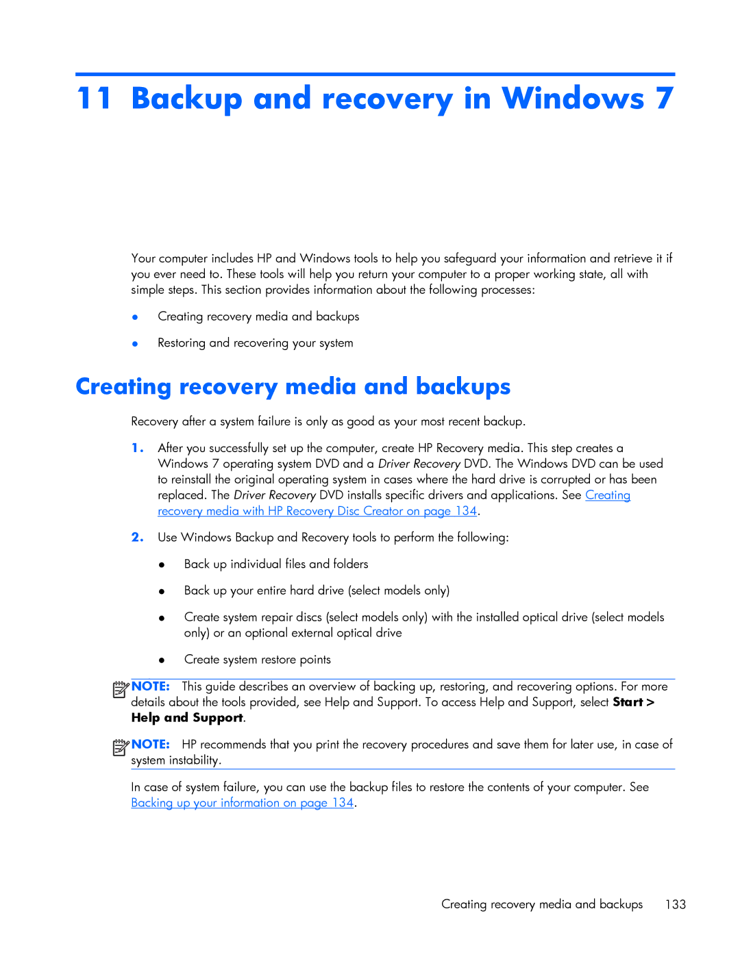 HP 840 G1 manual Creating recovery media and backups 