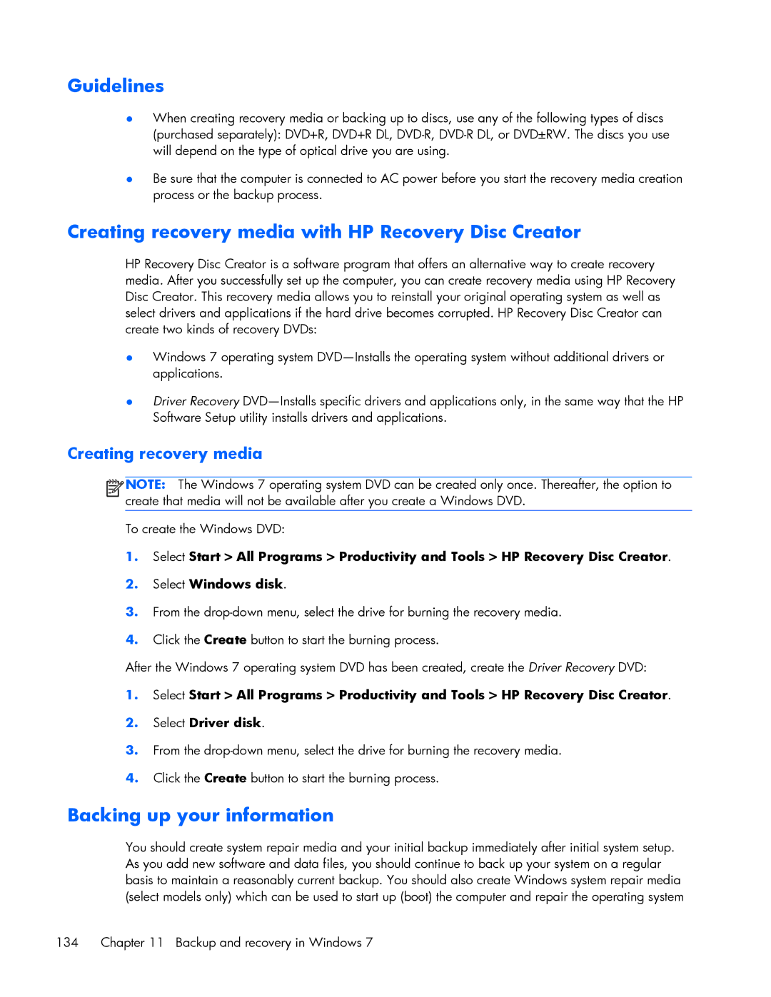 HP 840 G1 manual Guidelines, Creating recovery media with HP Recovery Disc Creator, Backing up your information 
