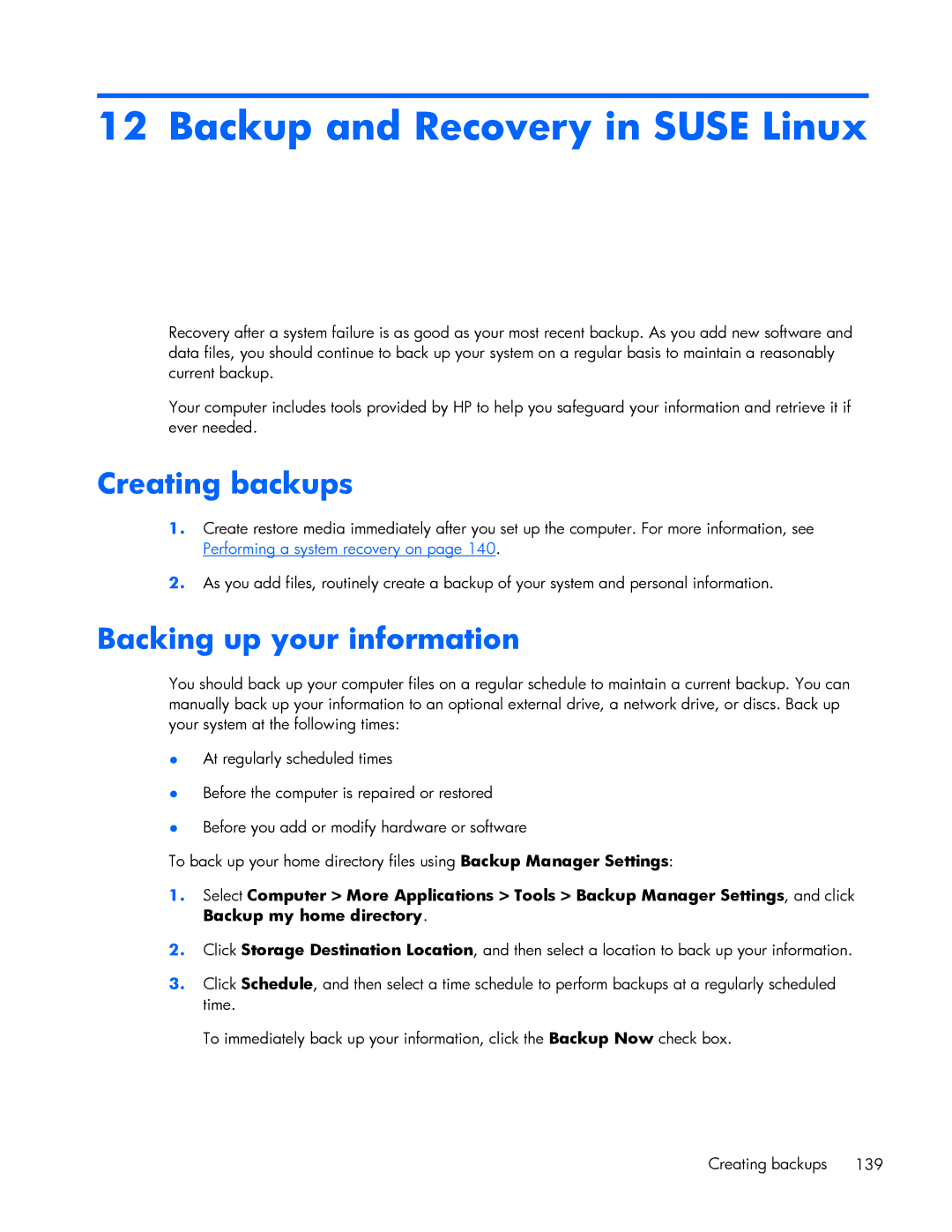 HP 840 G1 manual Backup and Recovery in Suse Linux, Creating backups 