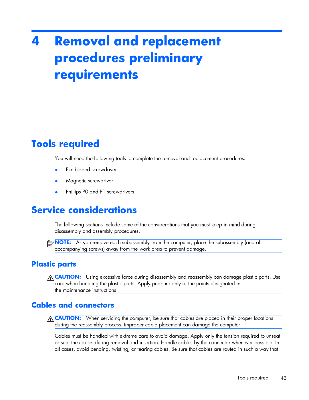 HP 840 G1 manual Tools required, Service considerations, Plastic parts, Cables and connectors 