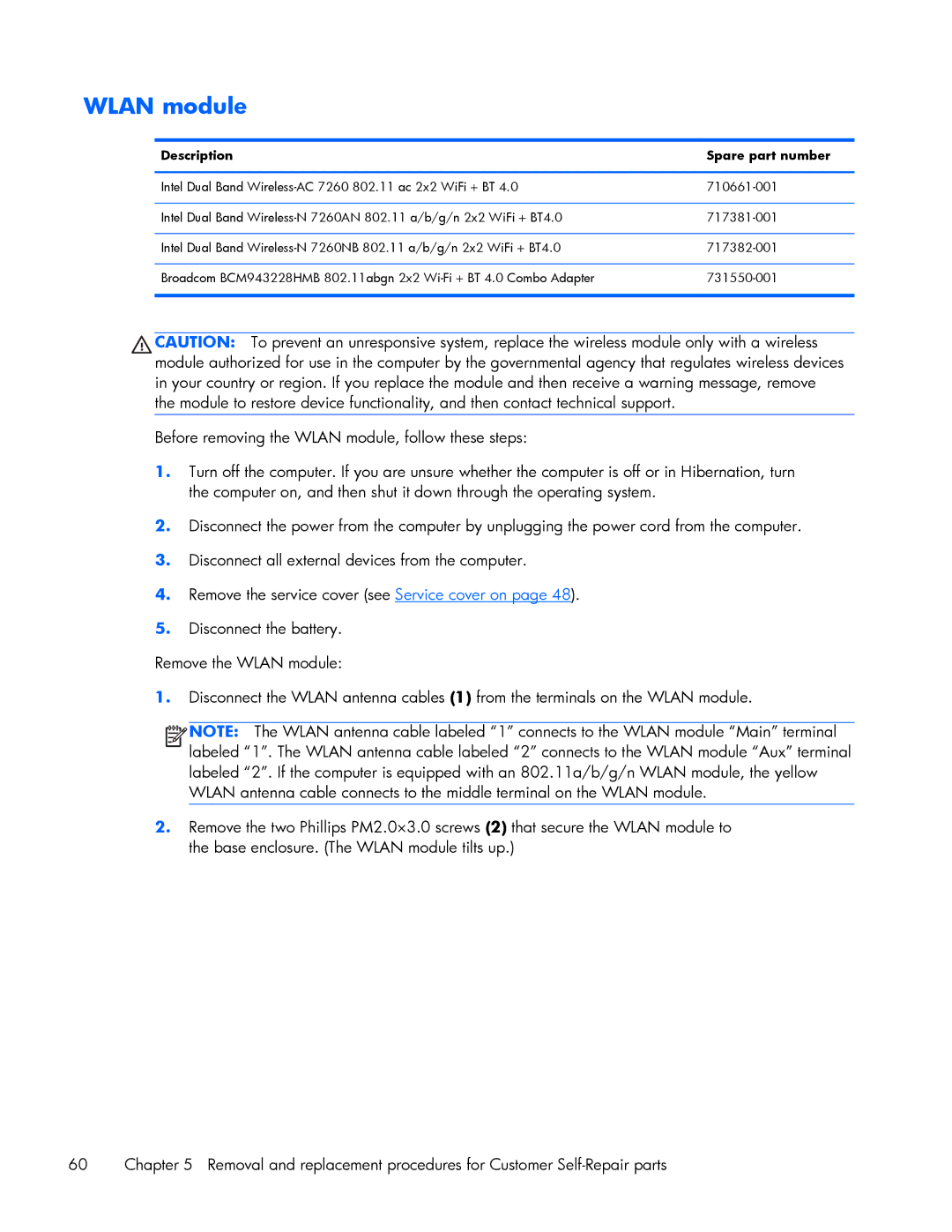 HP 840 G1 manual Wlan module 