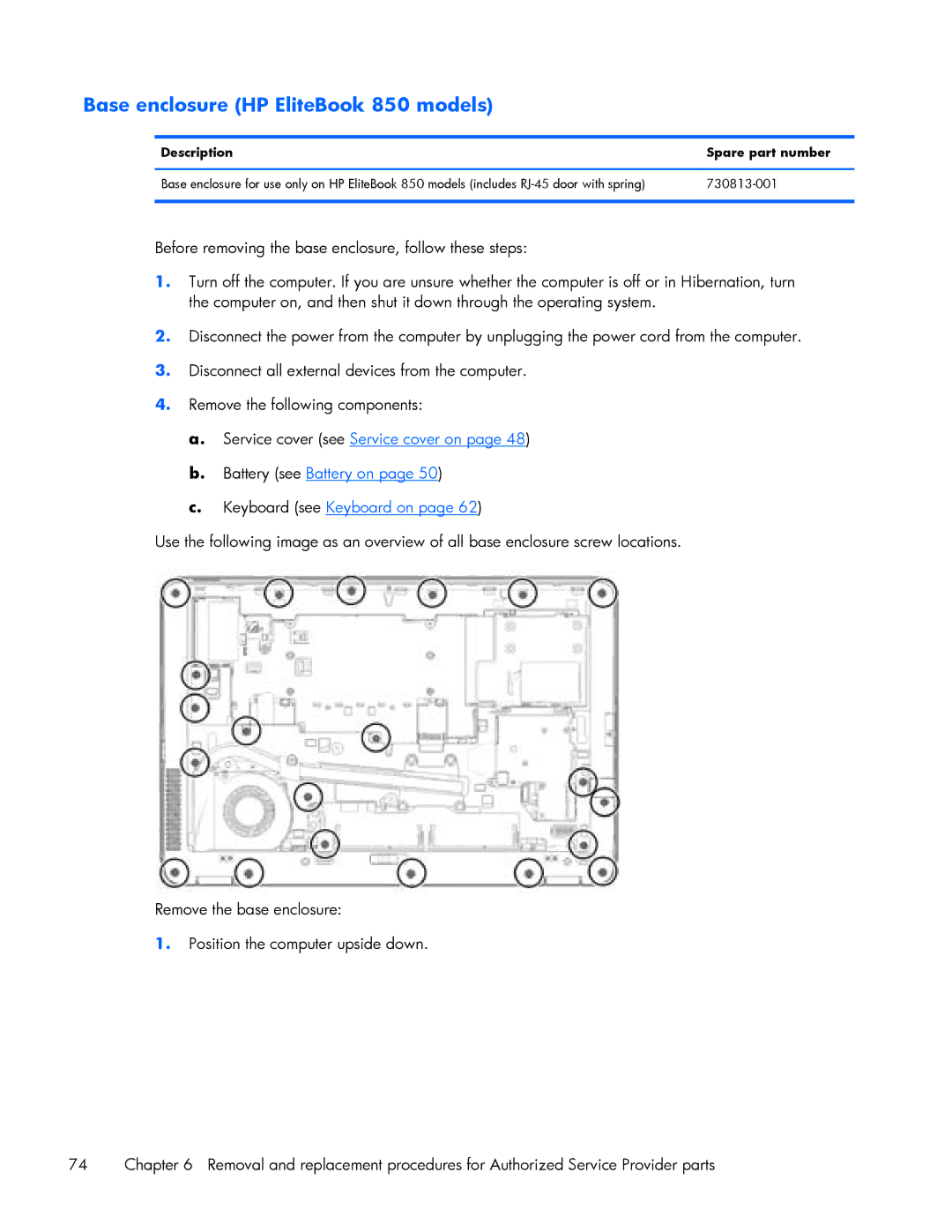 HP 840 G1 manual Base enclosure HP EliteBook 850 models 