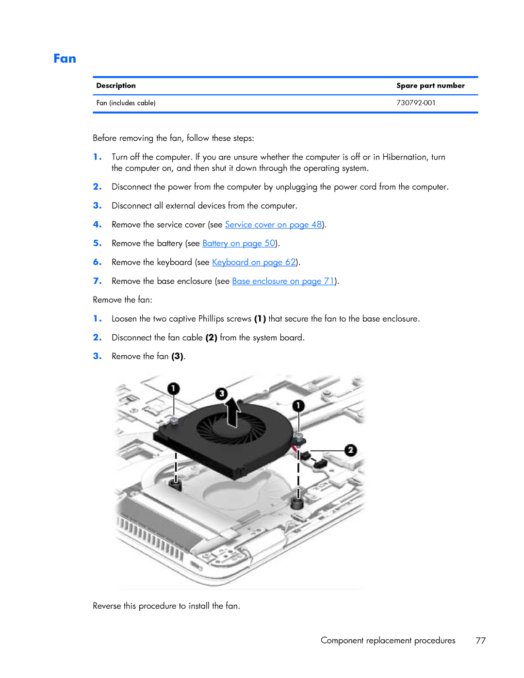 HP 840 G1 manual Description Spare part number Fan includes cable 730792-001 