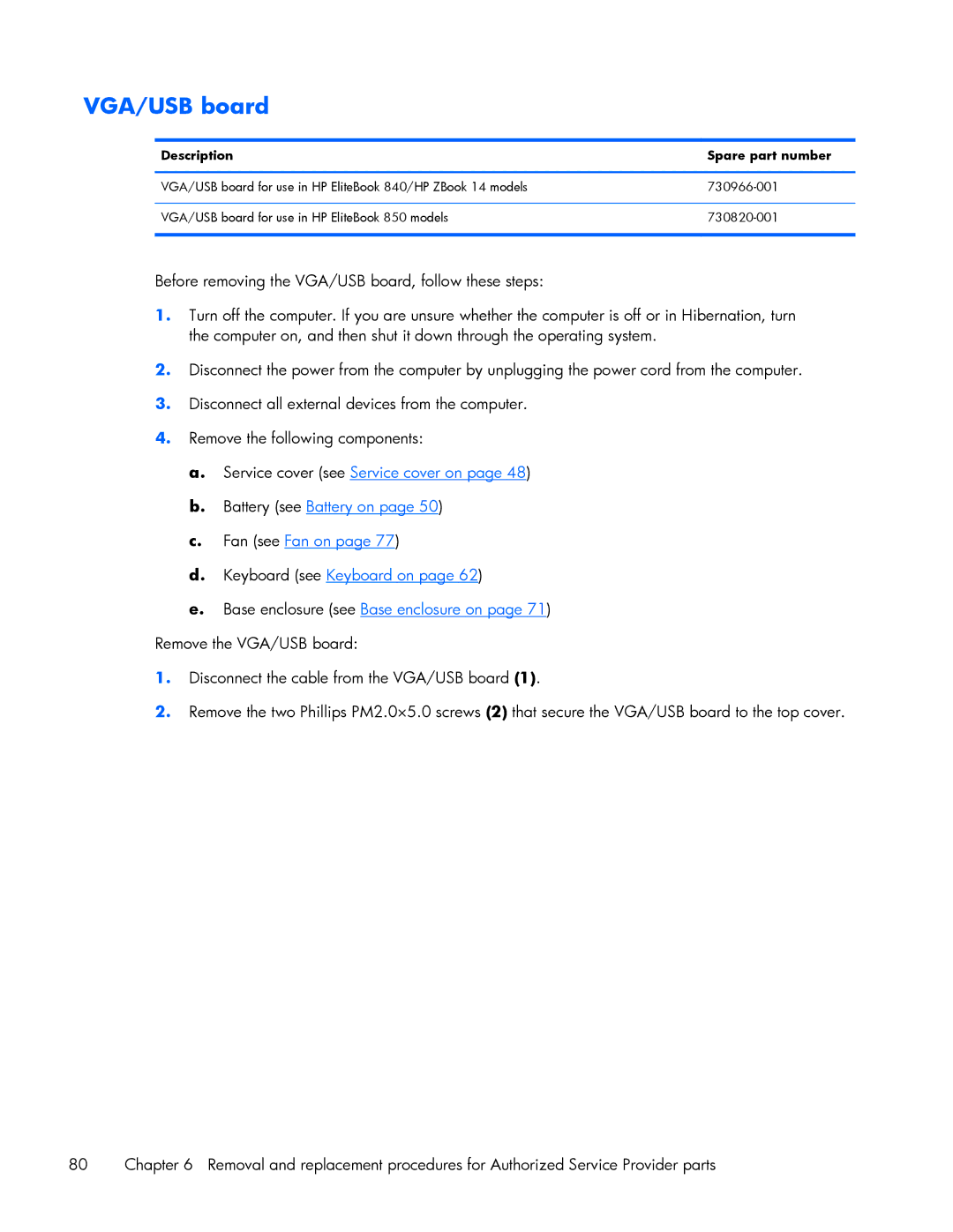 HP 840 G1 manual VGA/USB board 