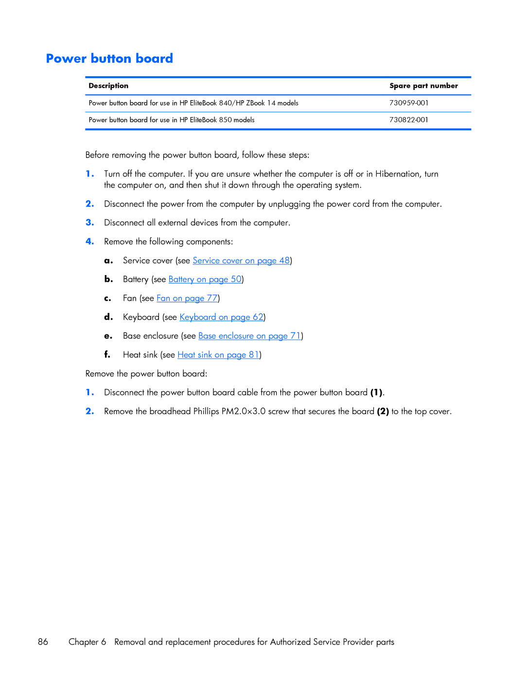 HP 840 G1 manual Power button board, Description Spare part number 