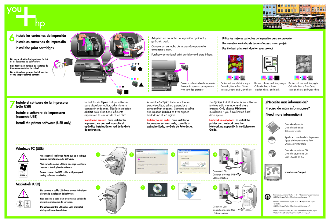 HP 8400 8400 Install the print cartridges, Instale el software de la impresora, Sólo USB, Instale o software da impressora 