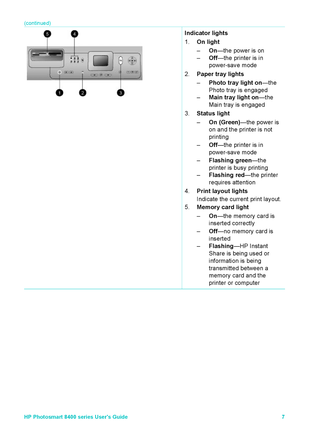 HP 8400 Indicator lights On light, Flashing green-the printer is busy printing, Print layout lights, Memory card light 