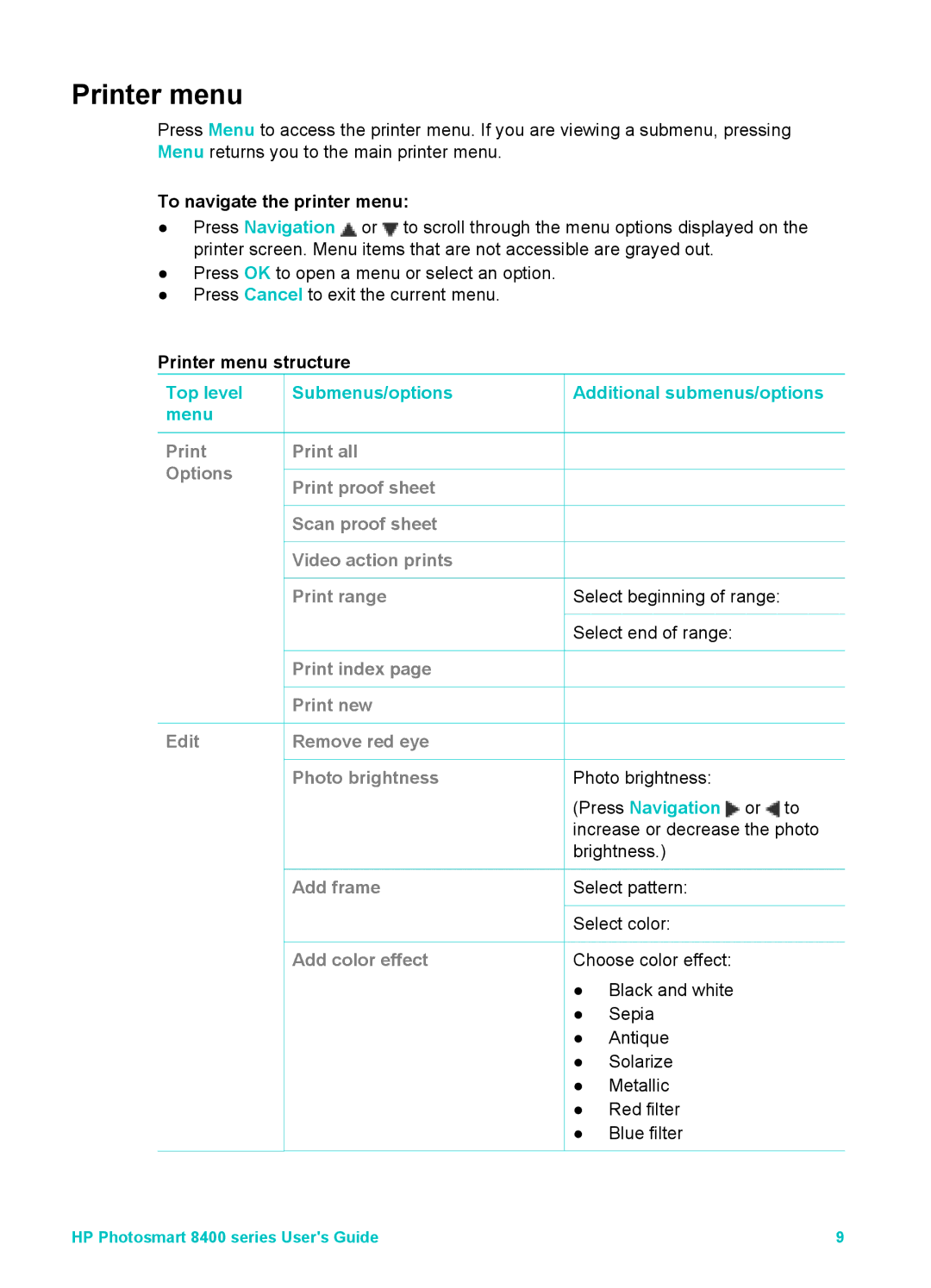 HP 8400 manual To navigate the printer menu, Printer menu structure 