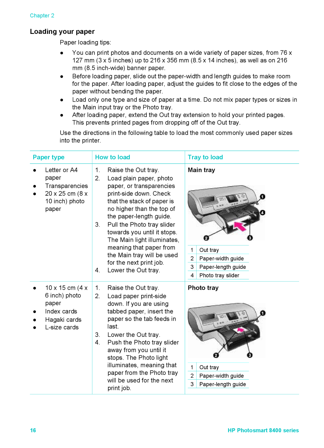 HP 8400 manual Loading your paper, Paper type How to load, Tray to load 