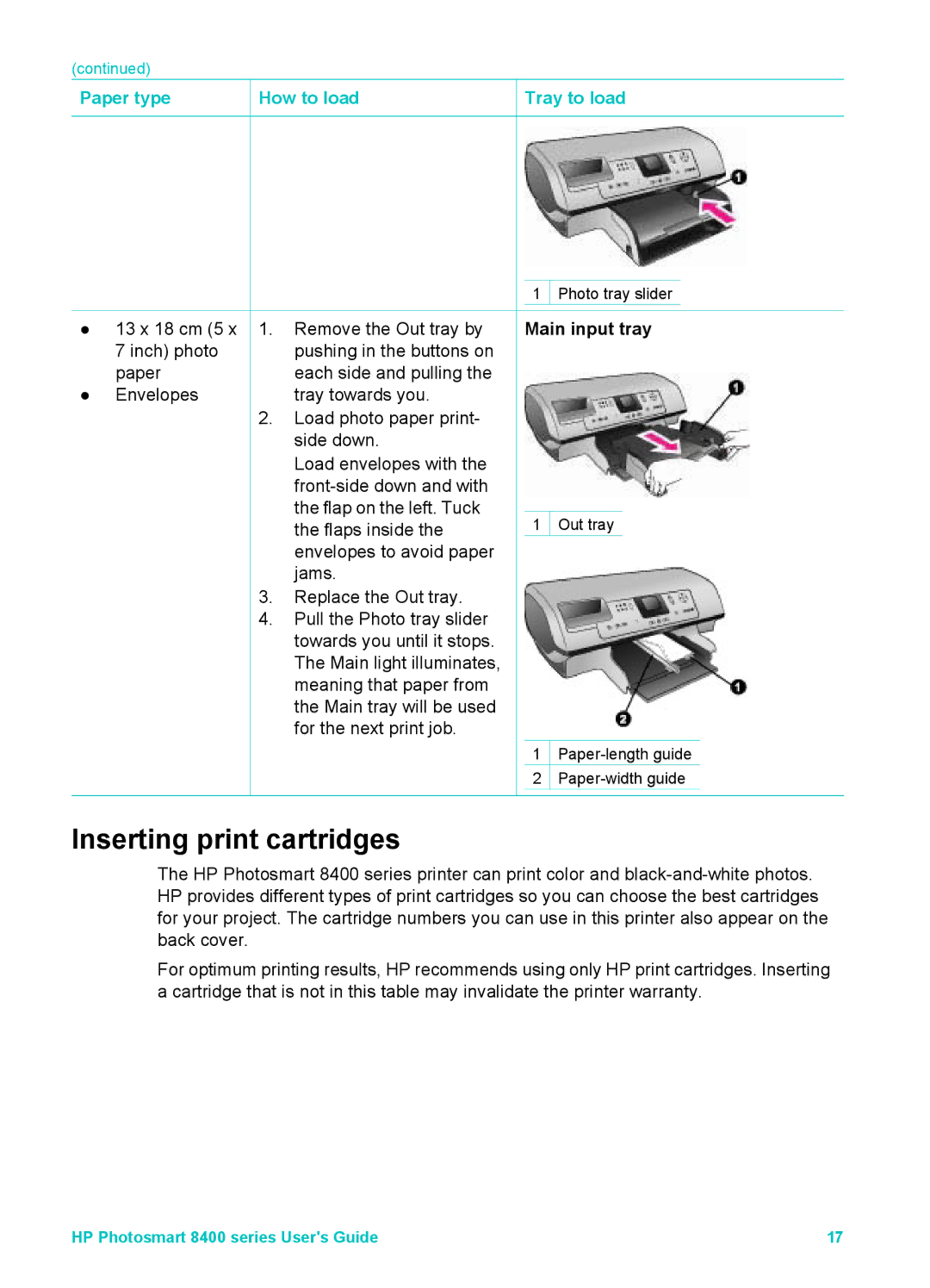 HP 8400 manual Inserting print cartridges, Main input tray 