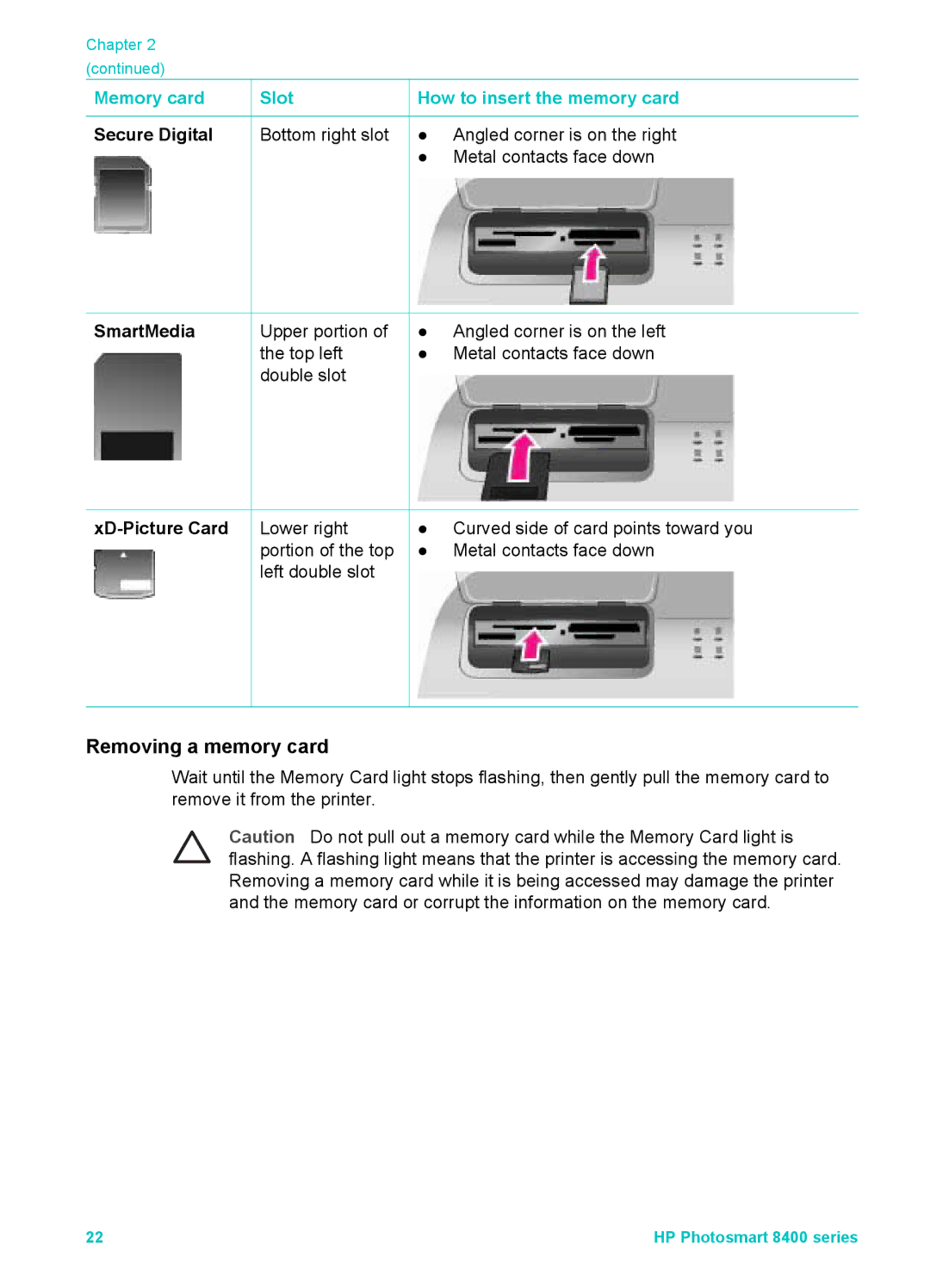 HP 8400 manual Removing a memory card, Memory card Slot How to insert the memory card 