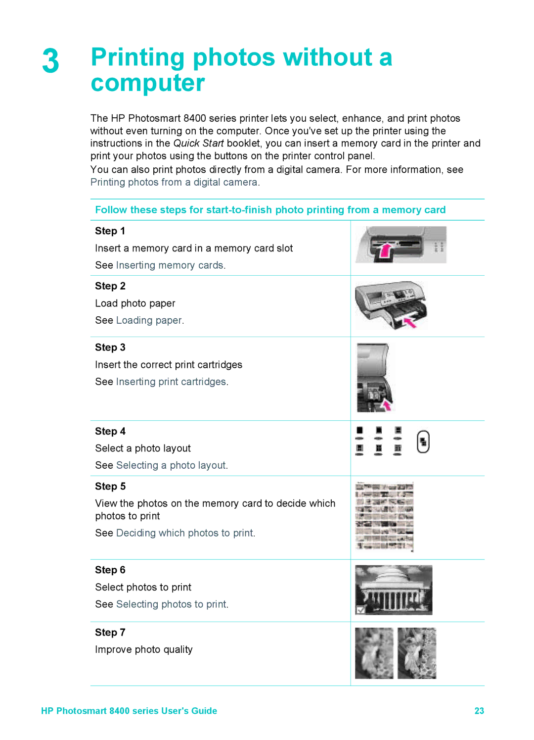 HP 8400 manual Printing photos without a, Computer, Step 