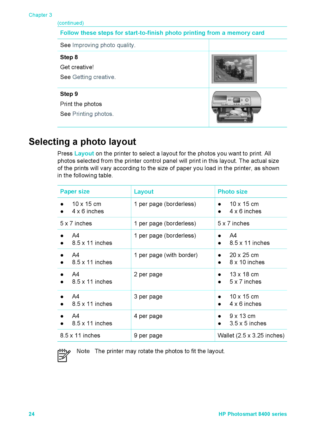 HP 8400 manual Selecting a photo layout, Paper size Layout Photo size 