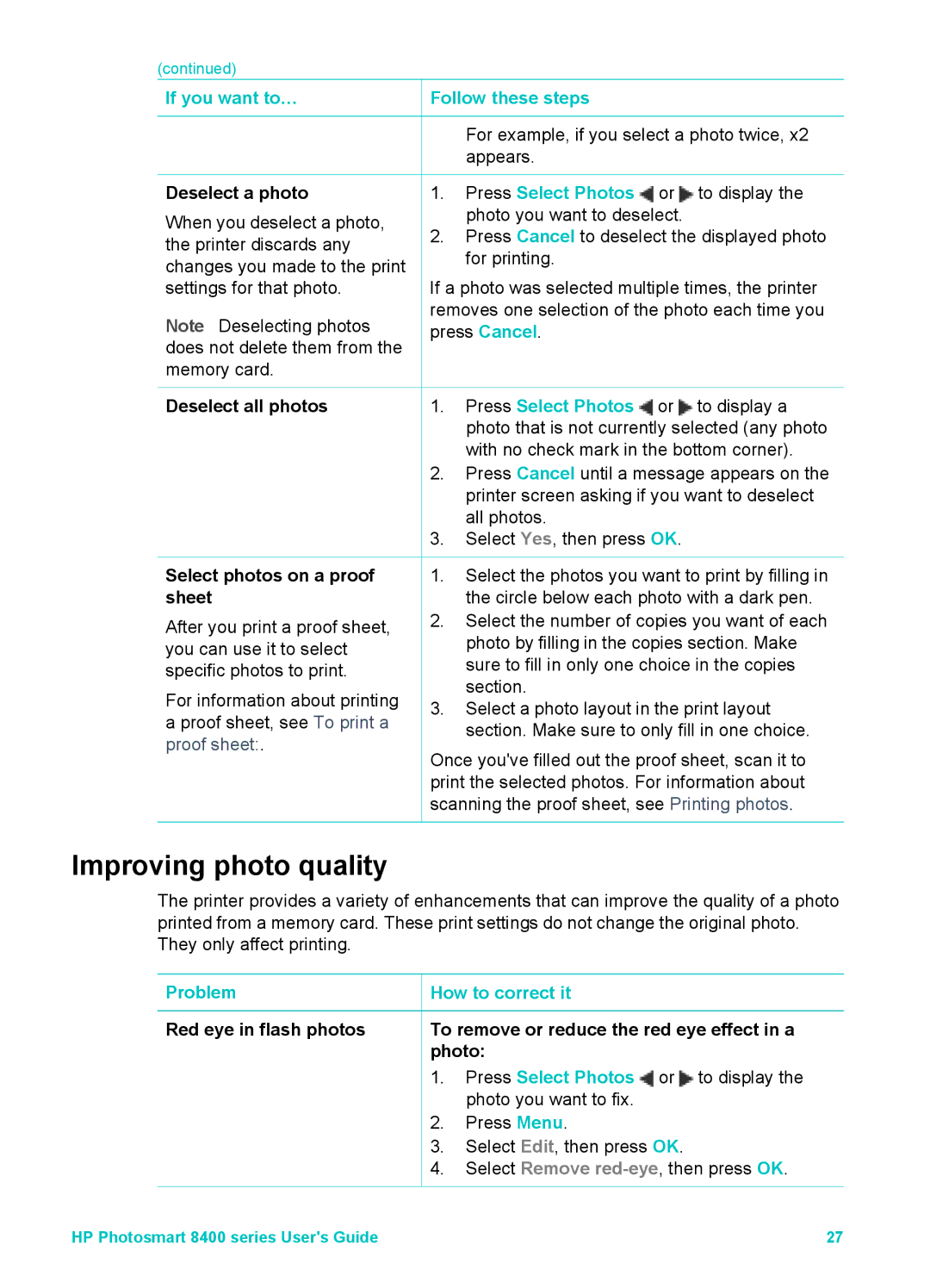 HP 8400 manual Improving photo quality, Deselect a photo, Deselect all photos Select photos on a proof sheet 