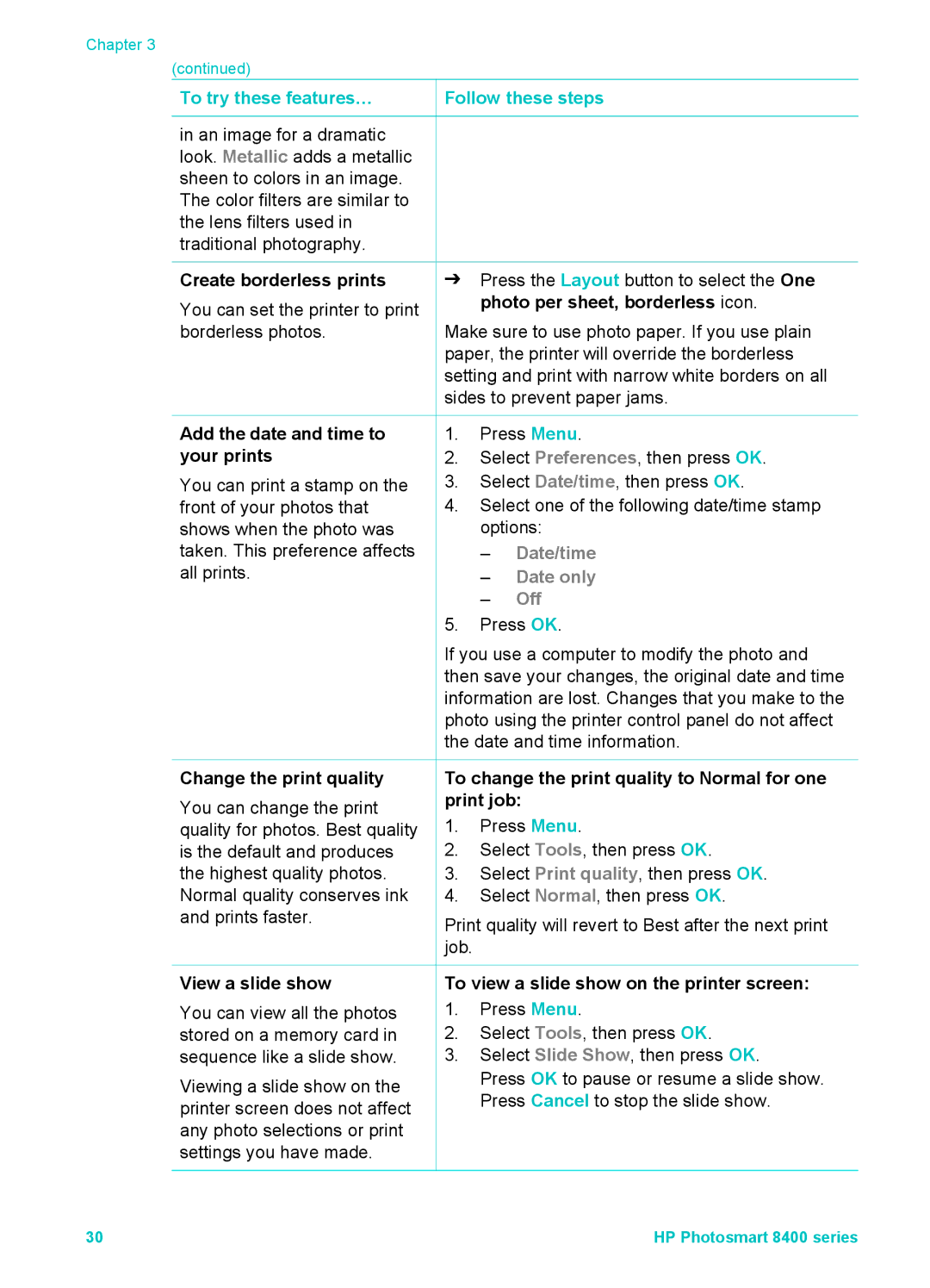 HP 8400 manual Create borderless prints, Add the date and time to your prints, Change the print quality, View a slide show 