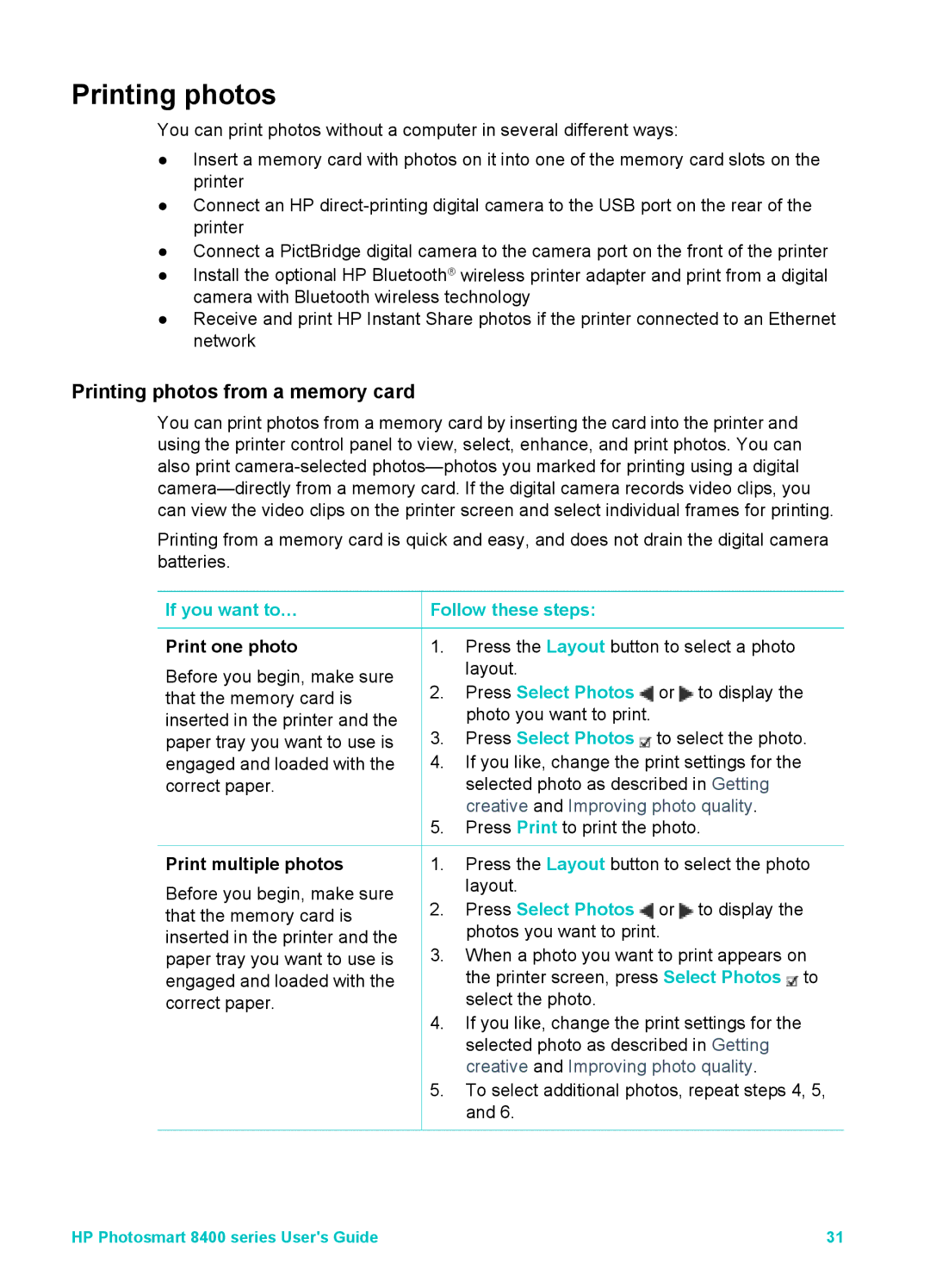 HP 8400 manual Printing photos from a memory card, Print one photo, Print multiple photos 