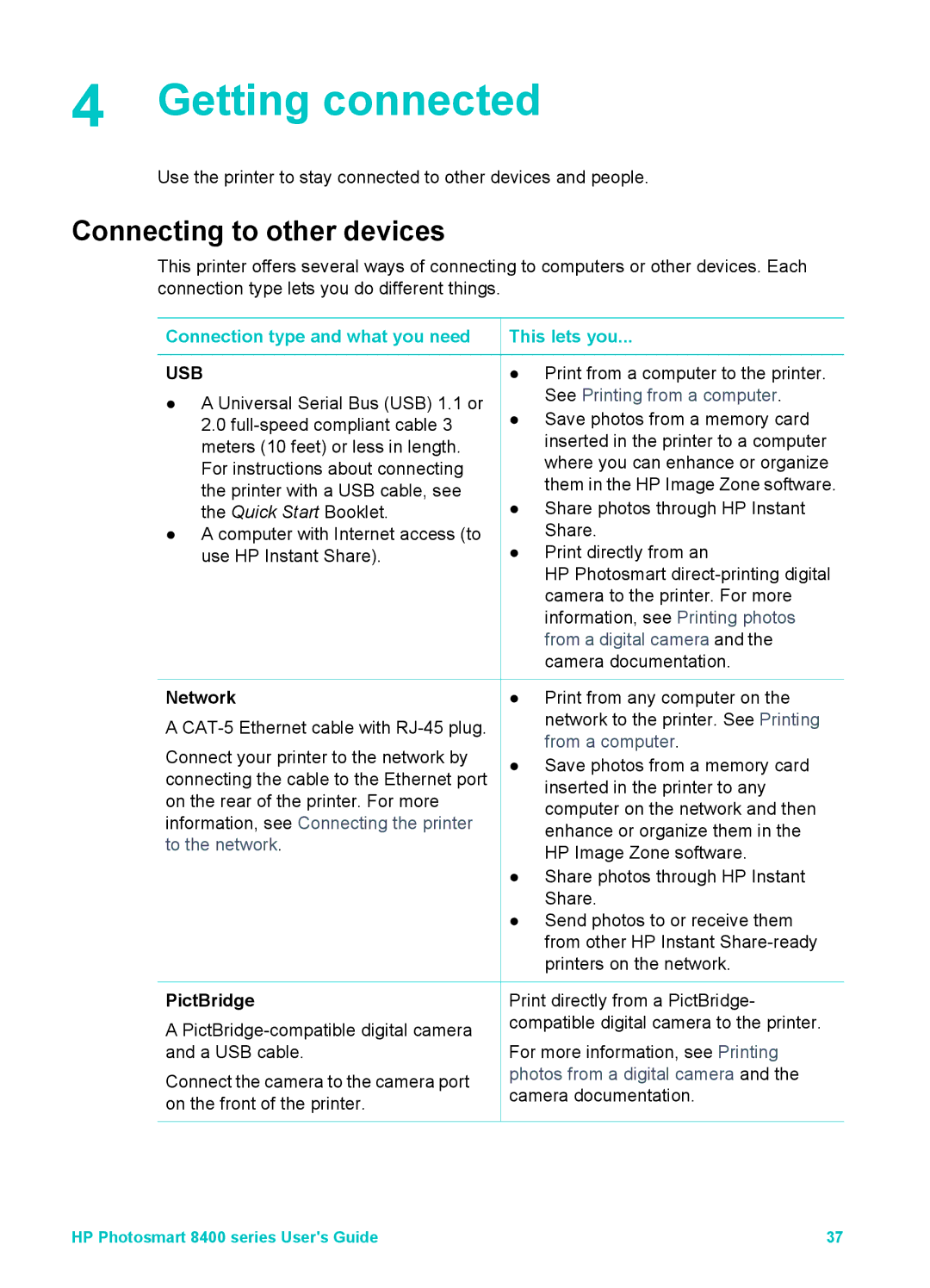 HP 8400 manual Getting connected, Connecting to other devices, Connection type and what you need, This lets you 