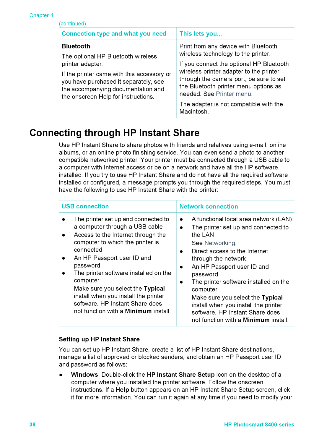 HP 8400 Connecting through HP Instant Share, Bluetooth, USB connection, Setting up HP Instant Share, Network connection 