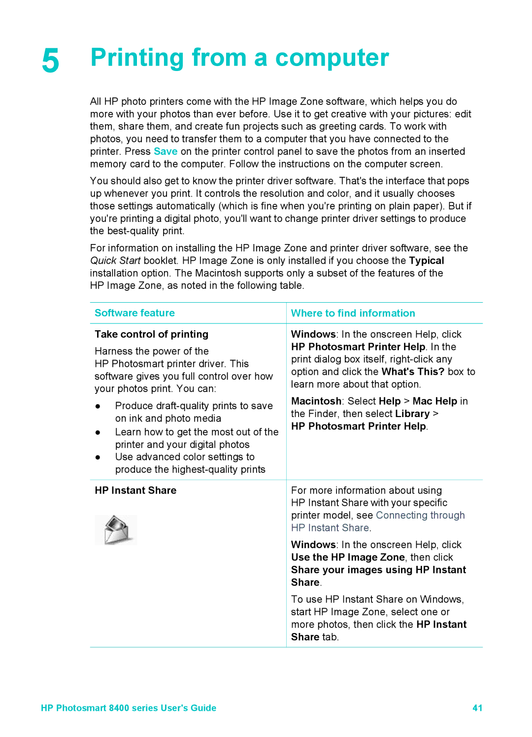 HP 8400 manual Printing from a computer, Software feature, Take control of printing, Where to find information 