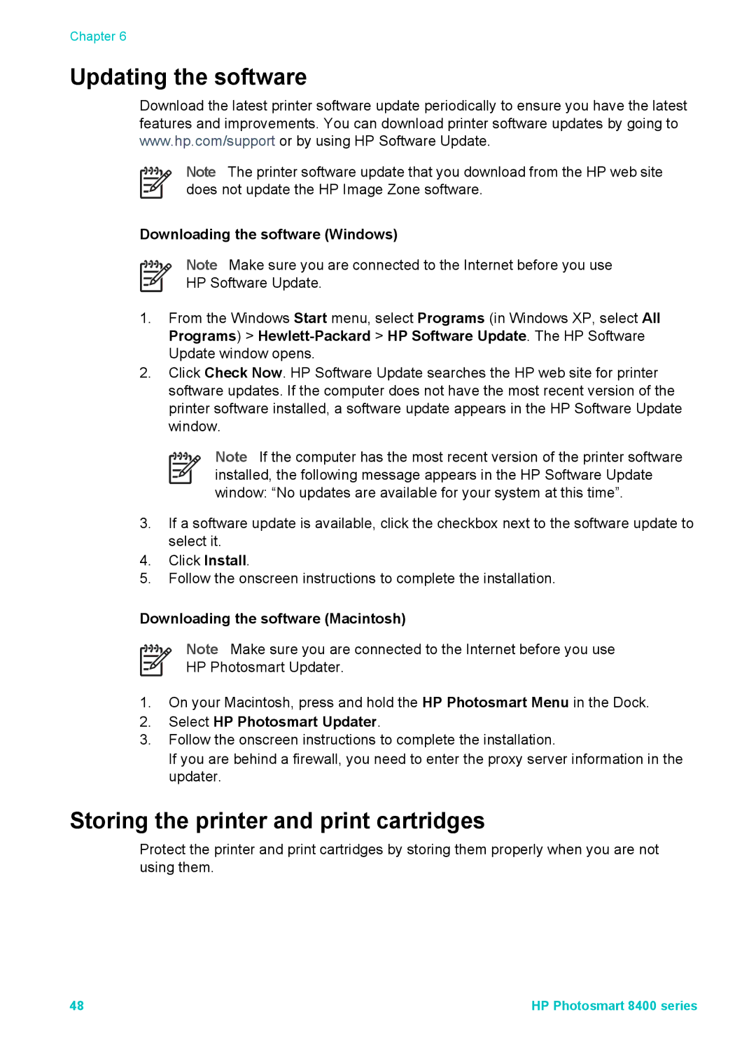 HP 8400 manual Updating the software, Storing the printer and print cartridges, Downloading the software Windows 