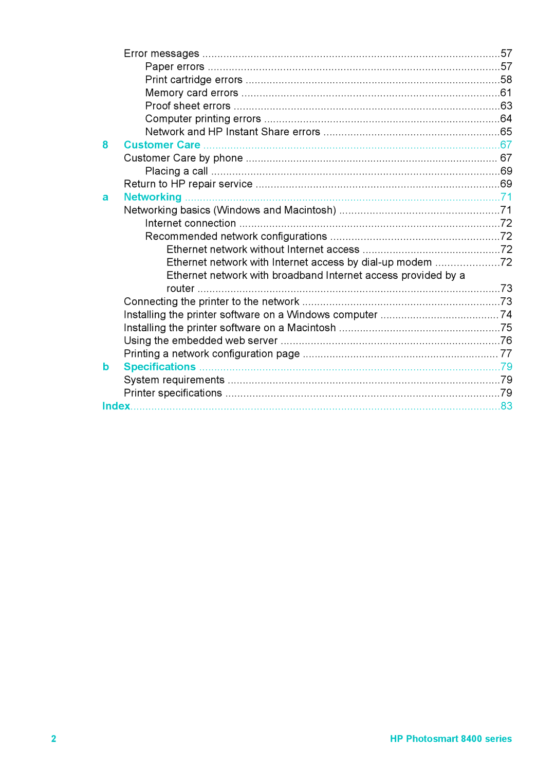 HP 8400 manual Customer Care 