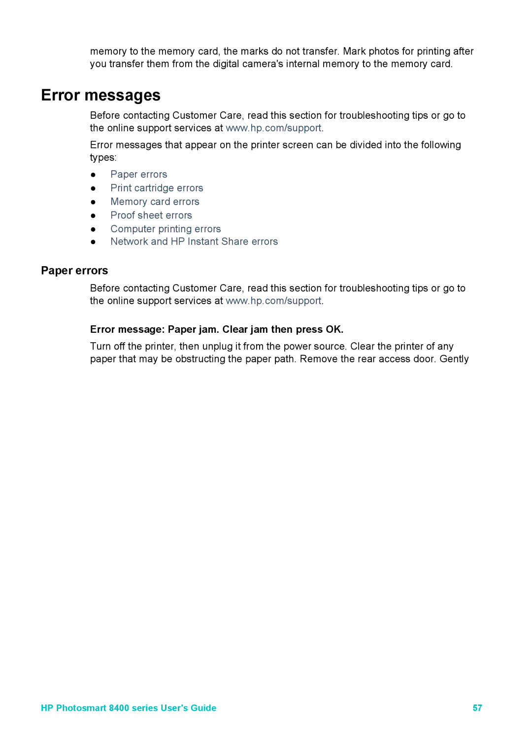 HP 8400 manual Error messages, Paper errors, Error message Paper jam. Clear jam then press OK 