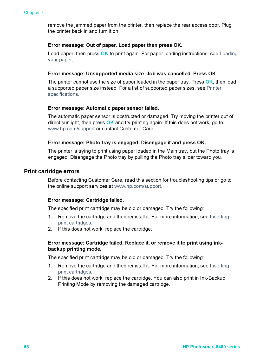 HP 8400 manual Print cartridge errors, Error message Out of paper. Load paper then press OK, Error message Cartridge failed 