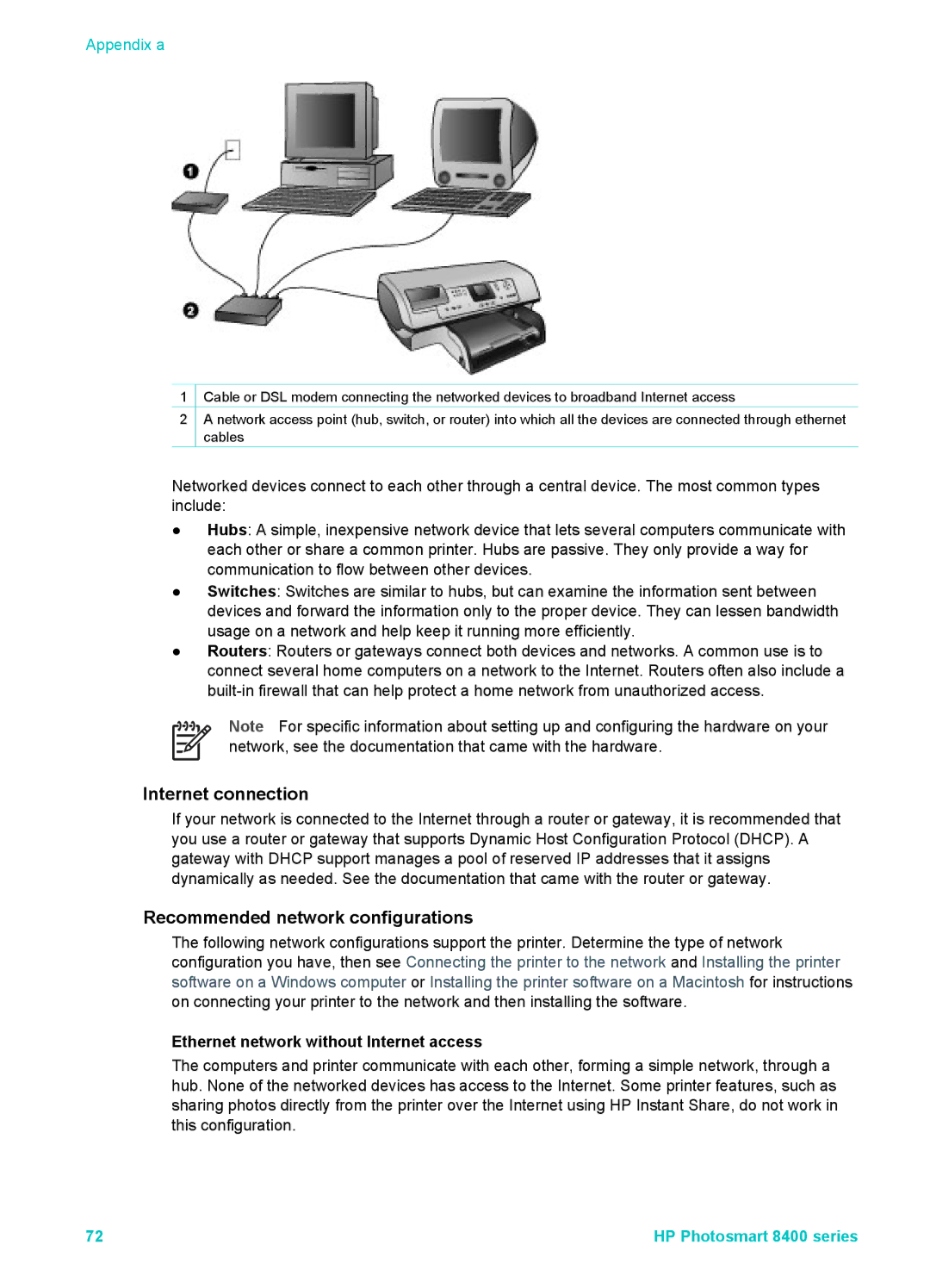 HP 8400 manual Internet connection, Recommended network configurations, Ethernet network without Internet access 