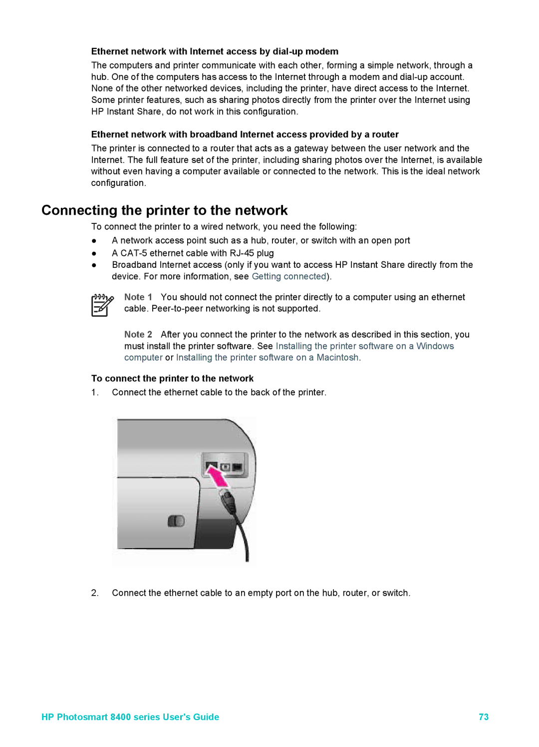 HP 8400 manual Ethernet network with Internet access by dial-up modem, To connect the printer to the network 