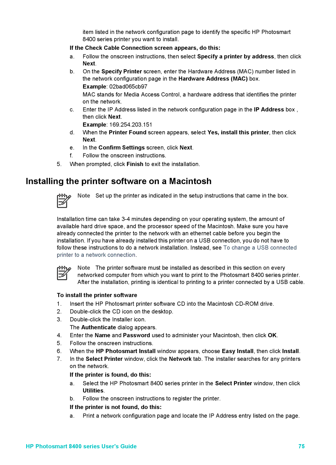 HP 8400 manual If the Check Cable Connection screen appears, do this, If the printer is found, do this 