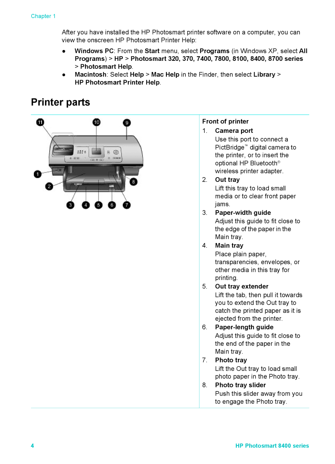 HP 8400 manual Printer parts 