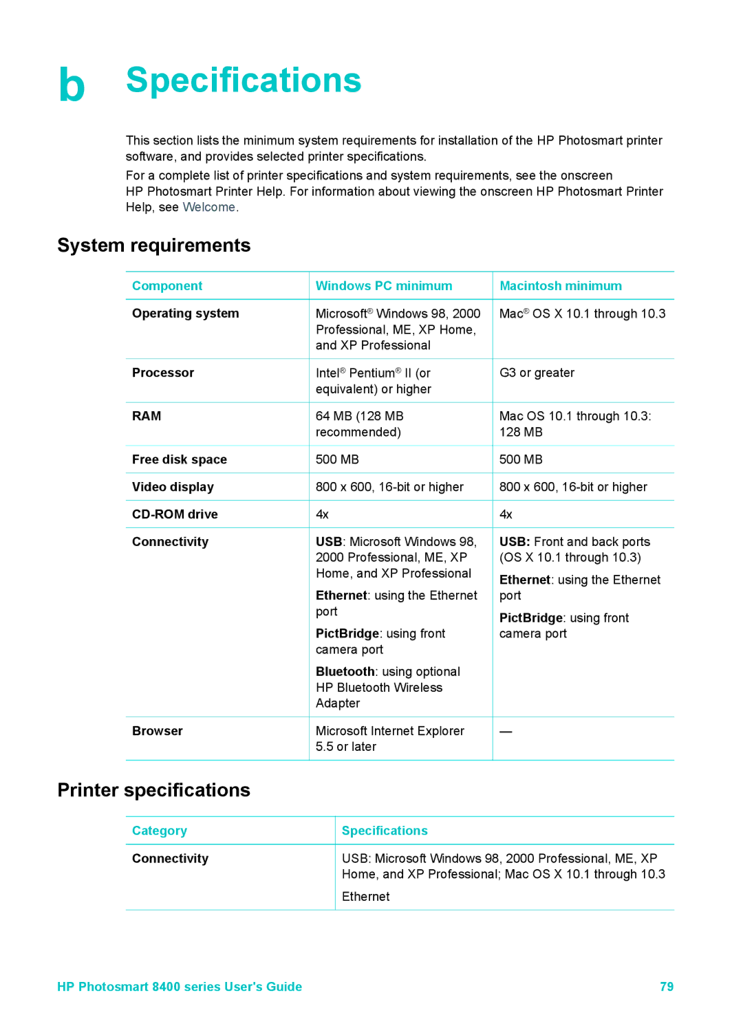 HP 8400 manual Specifications 