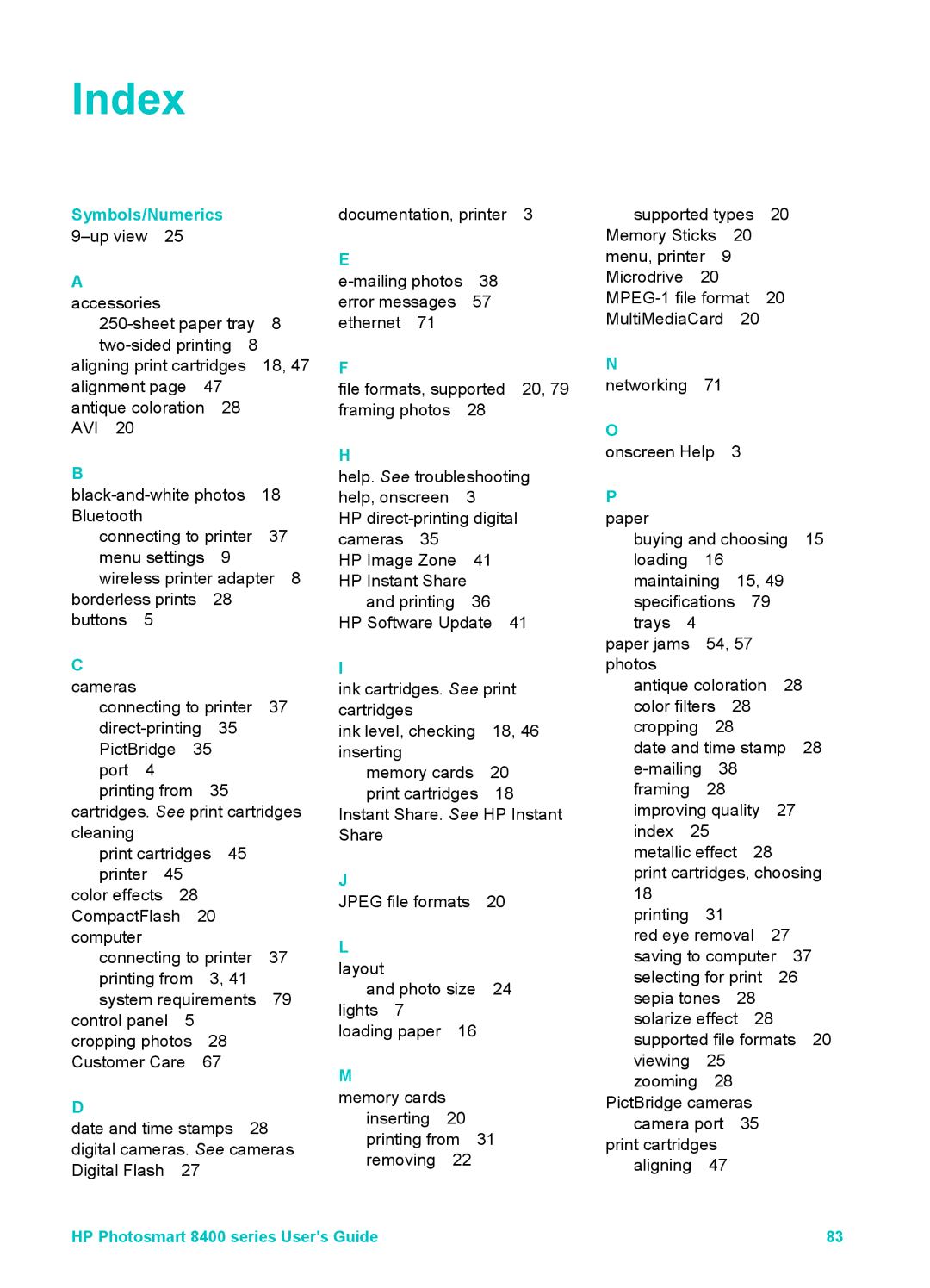 HP 8400 manual Index, Symbols/Numerics 9-up view 