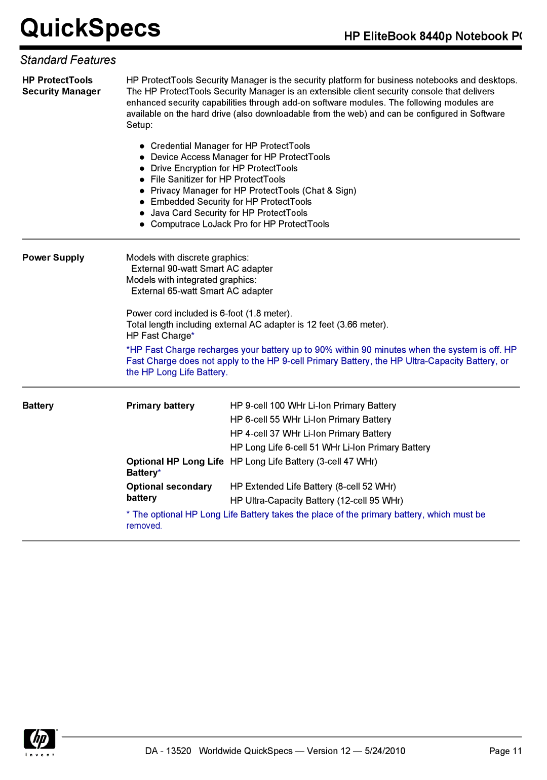 HP 8440P manual HP ProtectTools, Security Manager, Power Supply, Battery Primary battery, Battery Optional secondary 