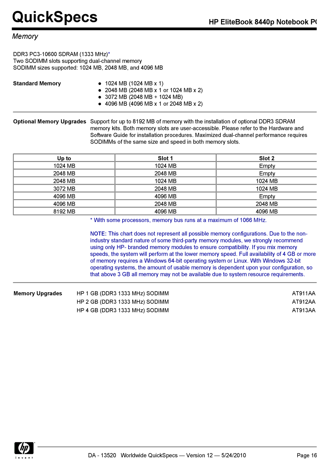 HP 8440P manual Standard Memory, Up to Slot, Memory Upgrades 