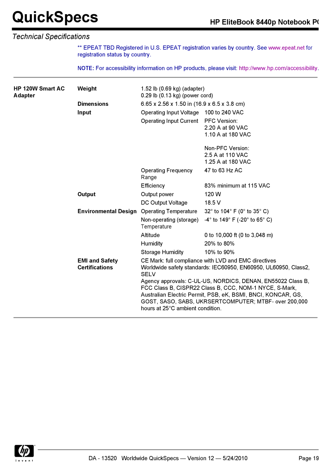 HP 8440P manual HP 120W Smart AC Weight, Adapter, Dimensions, Input, Output, Environmental Design, EMI and Safety 