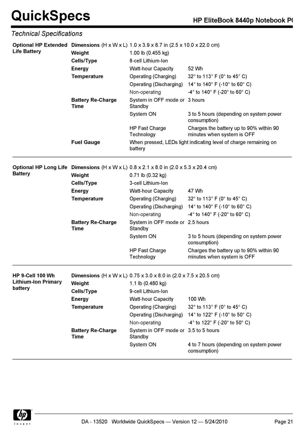 HP 8440P Optional HP Extended, Life Battery Weight, Optional HP Long Life, HP 9-Cell 100 Wh Lithium-Ion Primary battery 