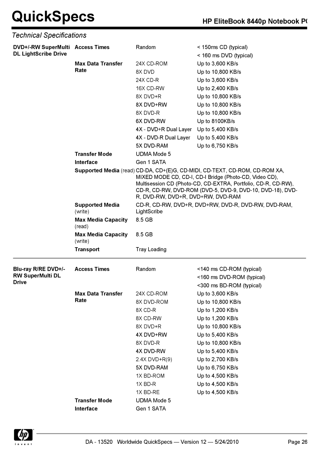 HP 8440P manual DVD+/-RW SuperMulti Access Times, DL LightScribe Drive, Blu-ray R/RE DVD+ Access Times, RW SuperMulti DL 