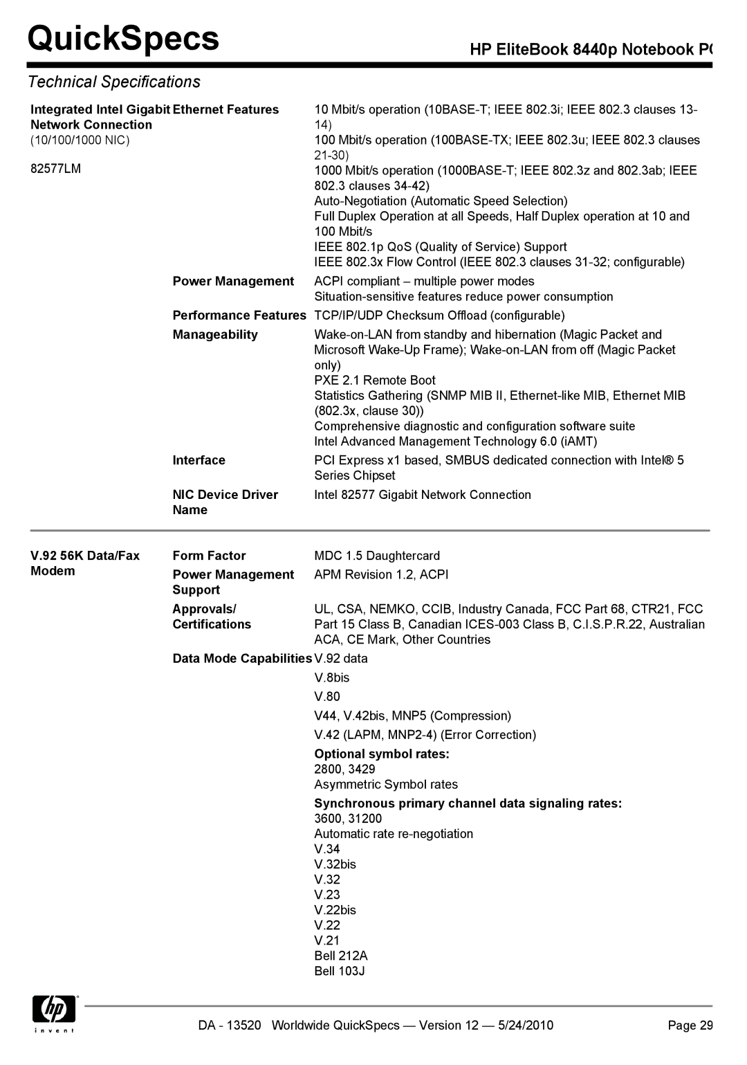 HP 8440P manual Integrated Intel Gigabit Ethernet Features, Network Connection, Power Management, Performance Features 