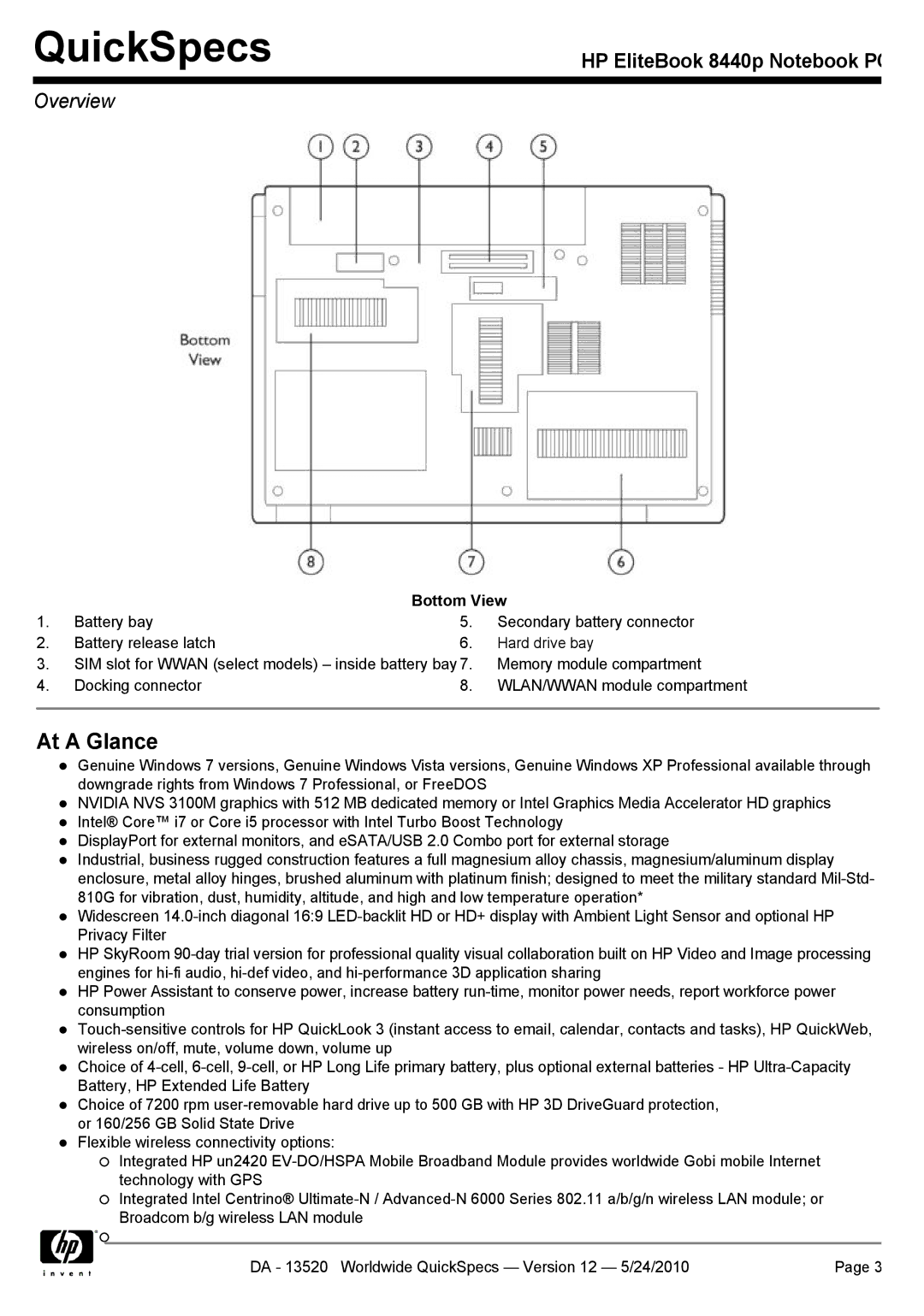 HP 8440P manual At a Glance, Bottom View 