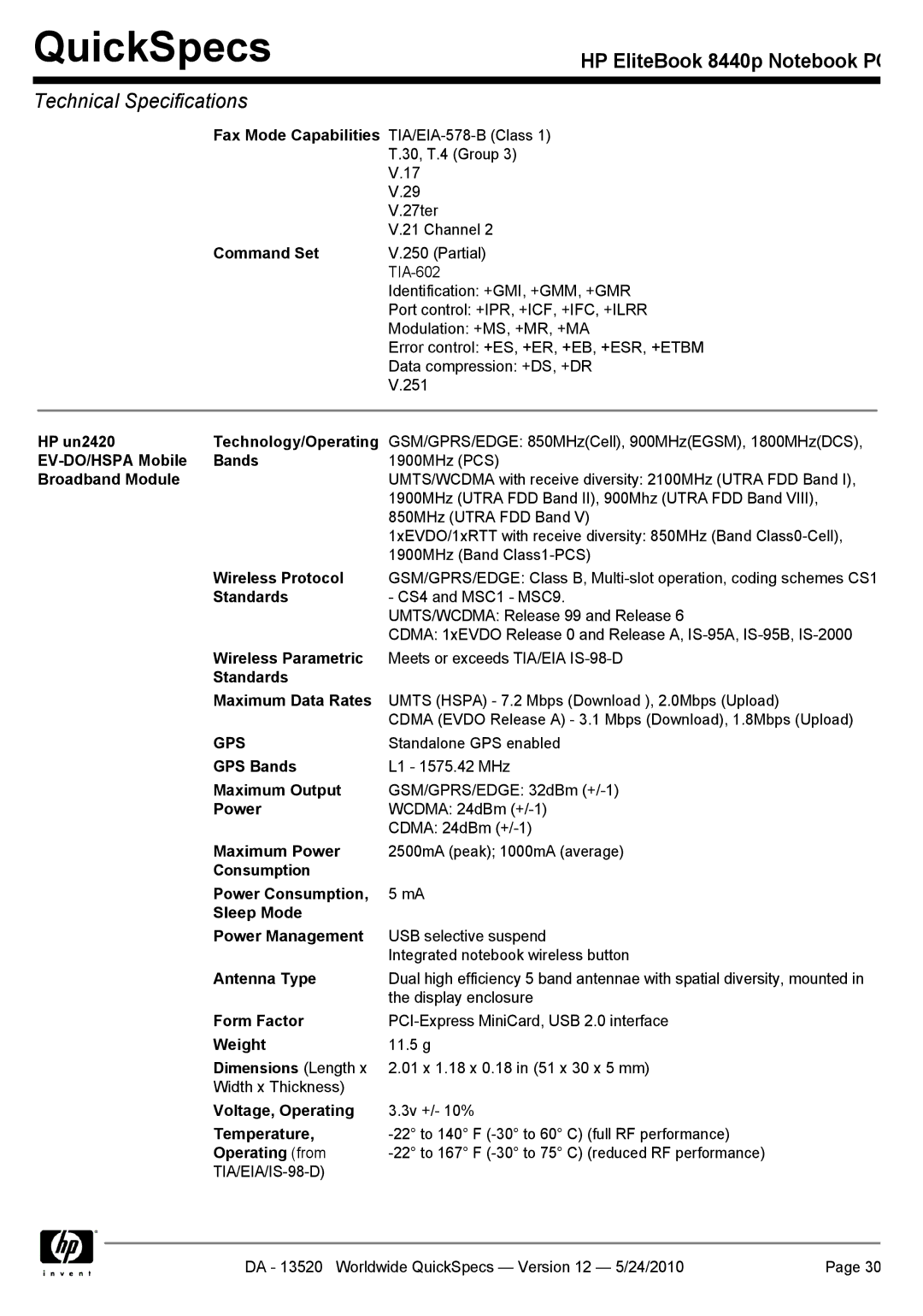 HP 8440P Command Set, HP un2420 Technology/Operating, EV-DO/HSPA Mobile Bands, Wireless Protocol, Standards, GPS Bands 