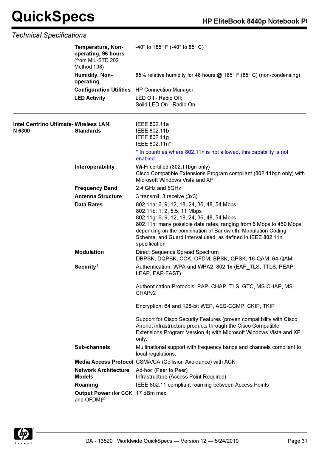 HP 8440P Humidity, Non, Operating Configuration Utilities, LED Activity, Intel Centrino Ultimate- Wireless LAN, Standards 