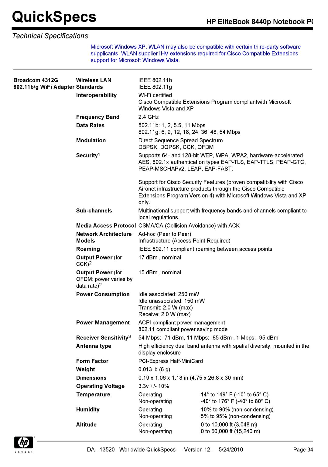 HP 8440P manual Broadcom 4312G Wireless LAN, 802.11b/g WiFi Adapter Standards, Output Power for 