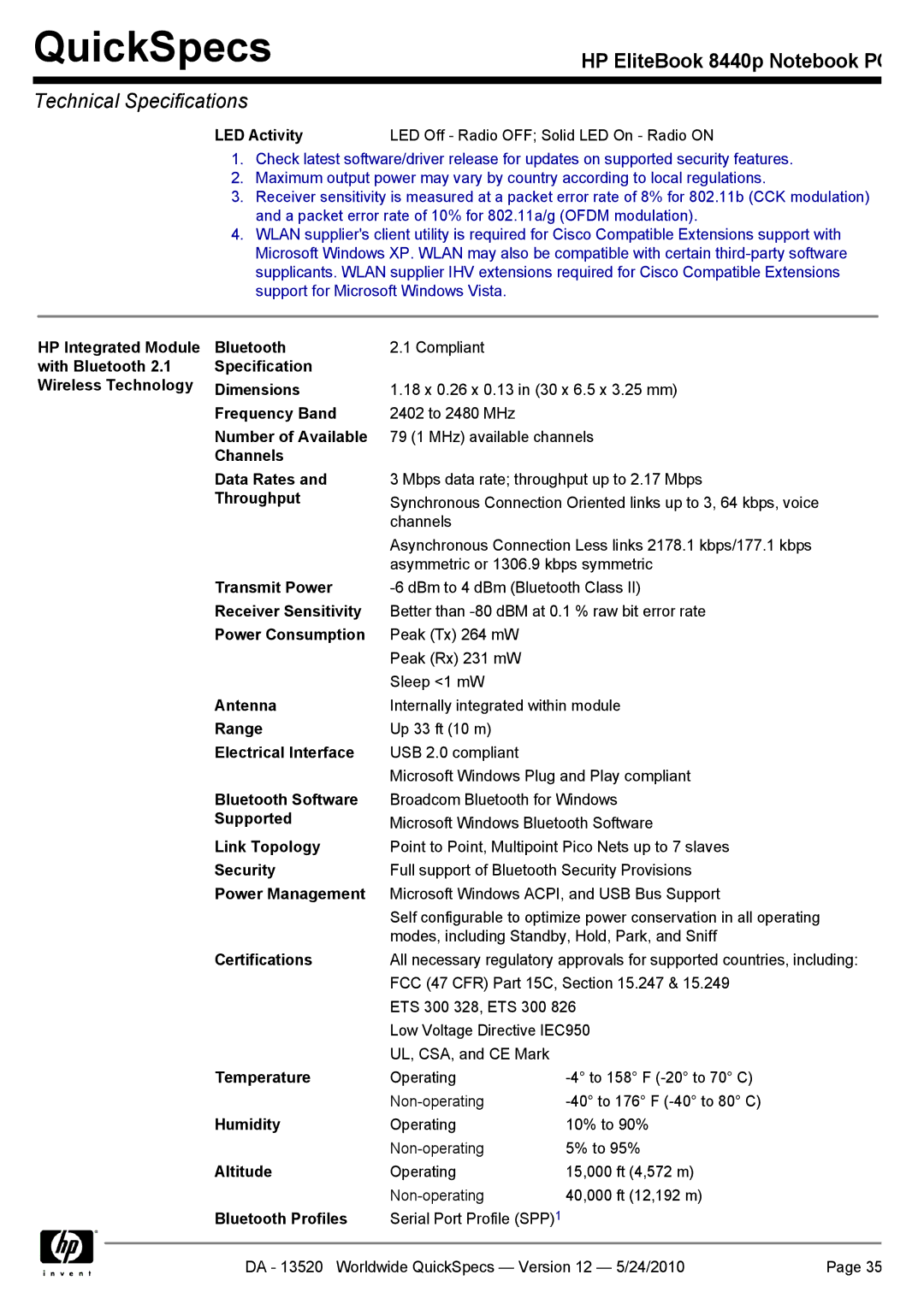 HP 8440P HP Integrated Module with Bluetooth 2.1 Wireless Technology, Specification Dimensions, Number of Available, Range 