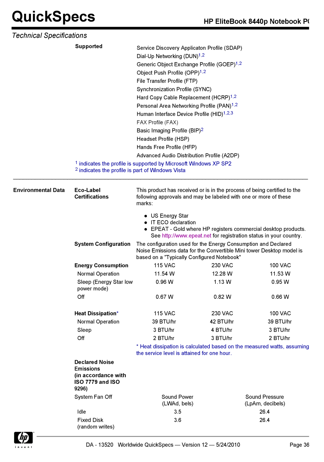 HP 8440P manual Environmental Data Eco-Label, Energy Consumption, Heat Dissipation 