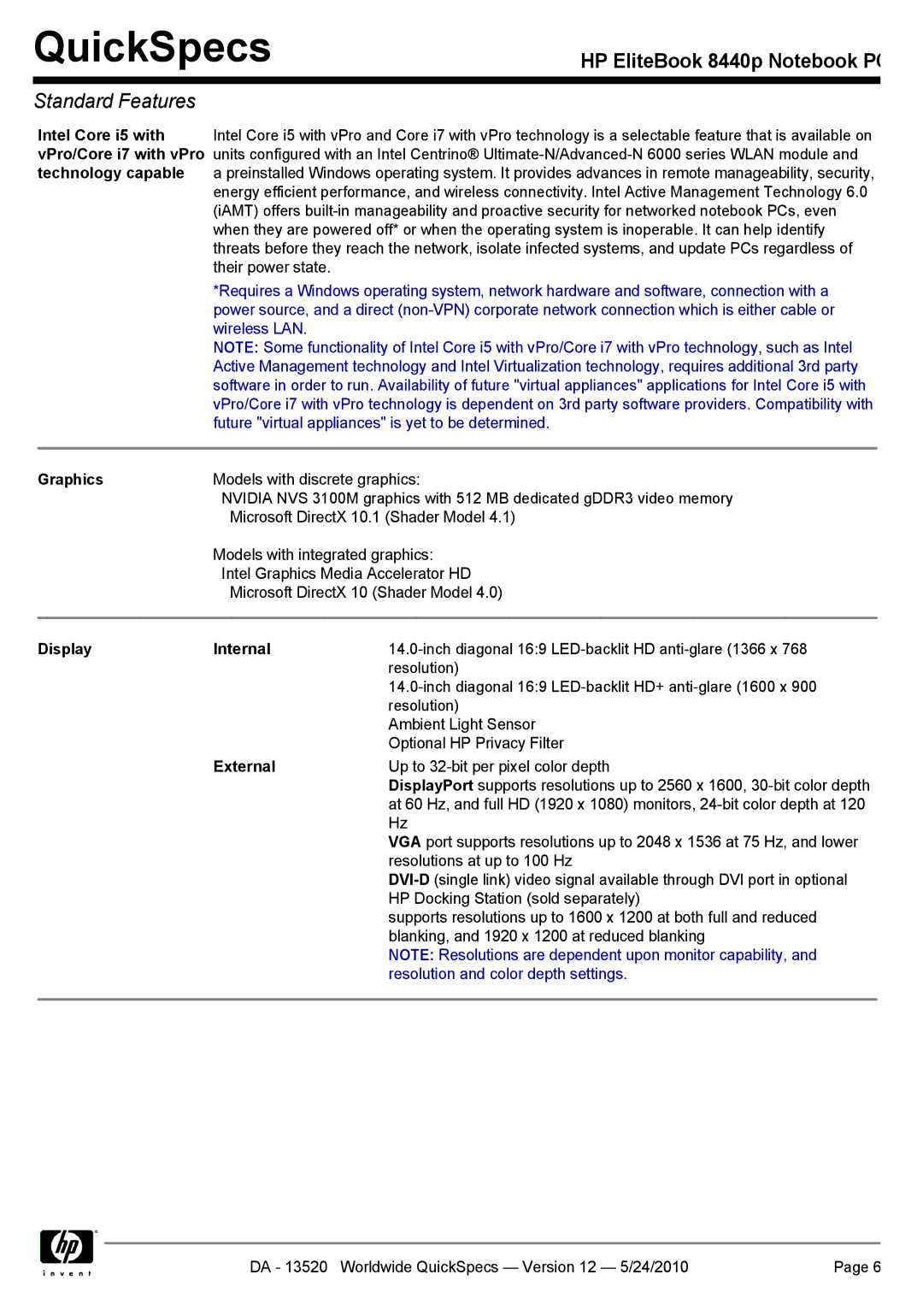 HP 8440P manual Graphics, Display Internal, External 