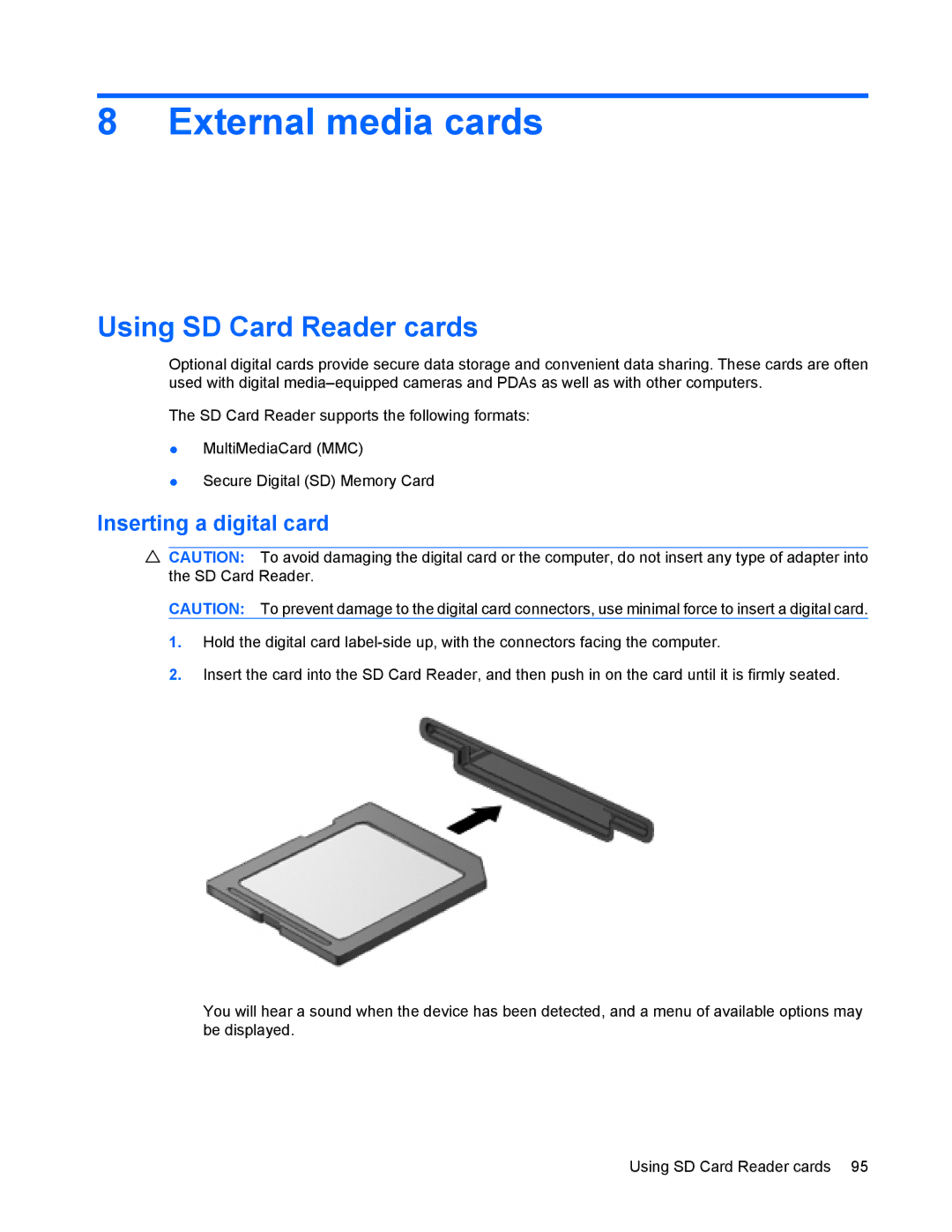 HP 8440P manual External media cards, Using SD Card Reader cards, Inserting a digital card 