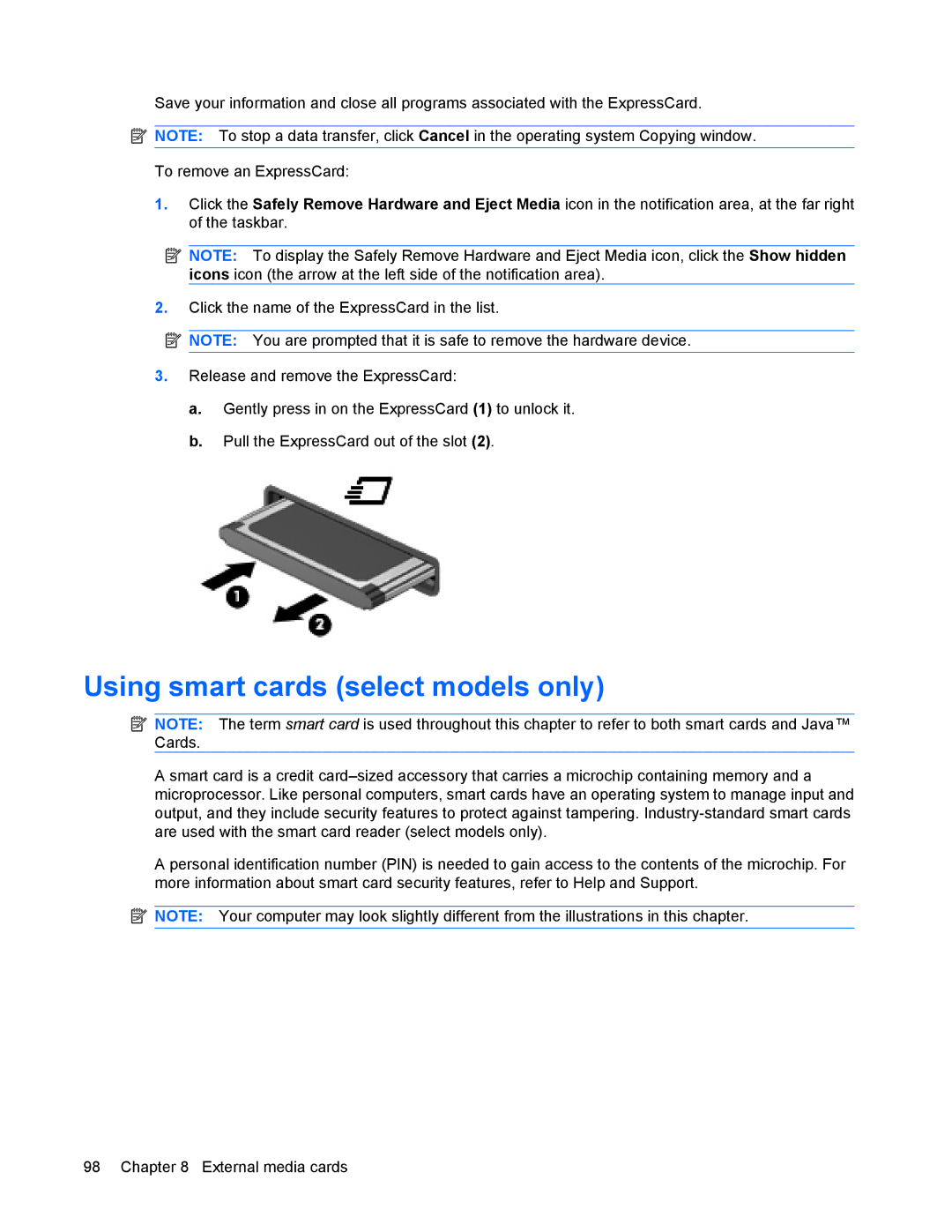 HP 8440P manual Using smart cards select models only 